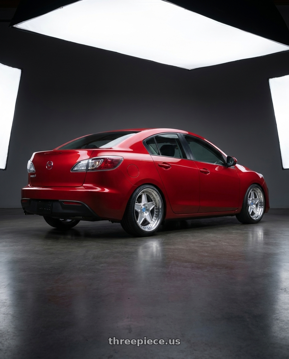 2013 Mazda 3 with Modern Concepts MC-13 5x114.3 18x8.5 +30 Brushed Face Chrome Lips wheels rear three quarter view square tires
