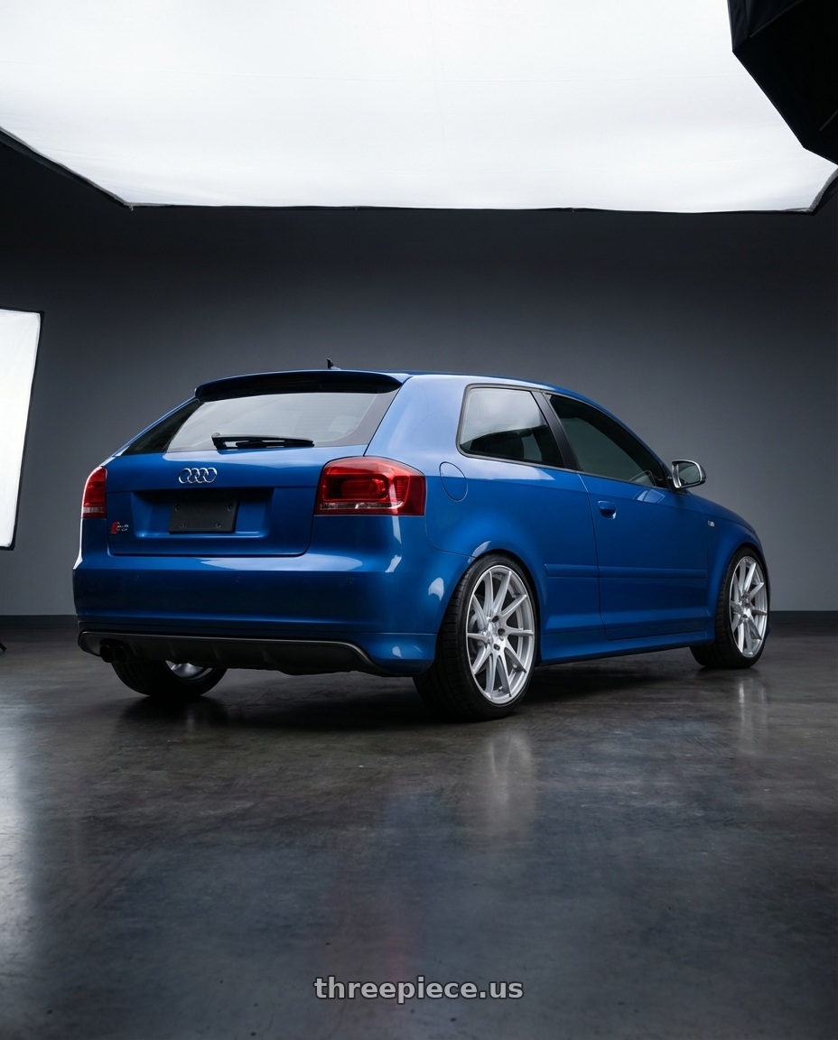 2019 Audi S3 8V with Aodhan AH09 5x112 18x9.5 +35 Gloss Silver Machined Face wheels rear three quarter view square tires