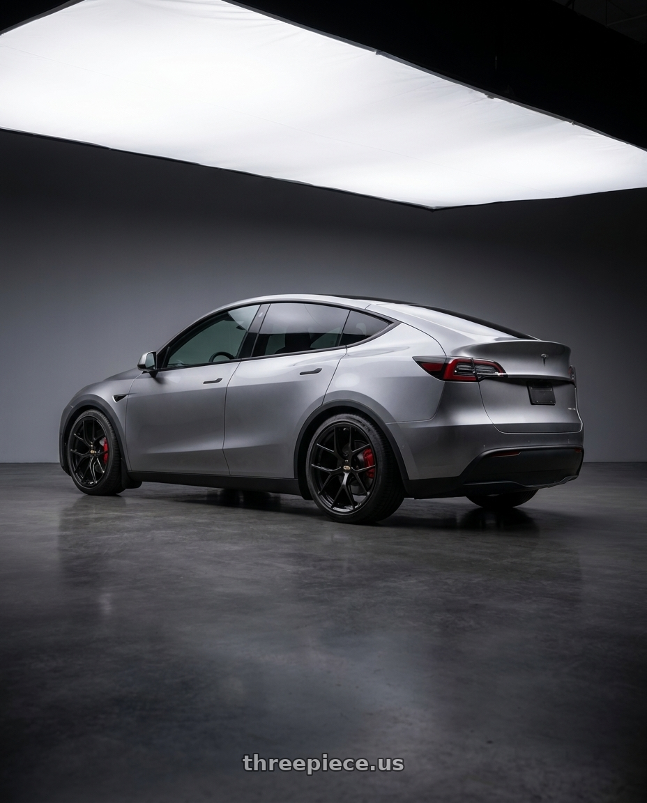 2025 TESLA MODEL Y QUICKSILVER with BBS FI-R CL 20x9.0+52 Satin Black wheels rear three quarter view slight stretch tires