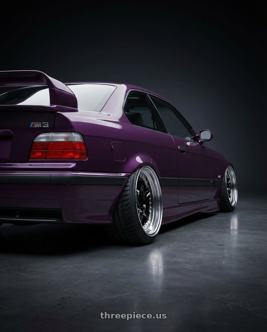 1995 BMW M3 with Work Meister S1 3P 5x100 18x8.5+16 A Disk Black wheels rear three quarter view meaty tires