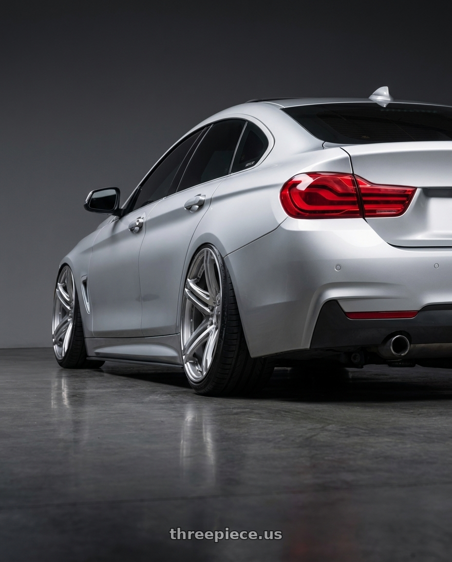 2018 bmw 430i with Versus VV52S 5x114.3 19x9+38 DC / Side Variable Silver wheels rear three quarter view extreme stretch tires