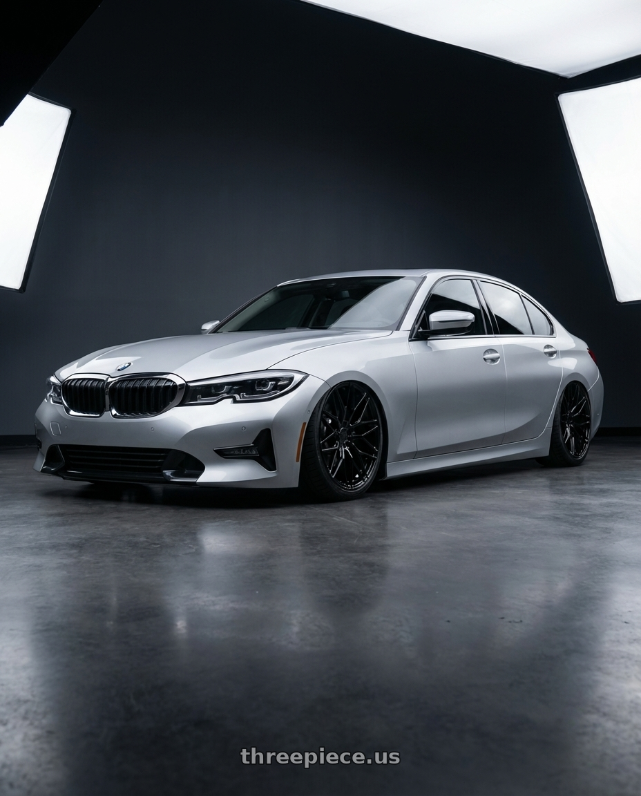 2023 BMW 3 Series G20 with Avant Garde Wheels M520R 5X112 19x8.5 +35 Gloss Black wheels front three quarter view stanced stance