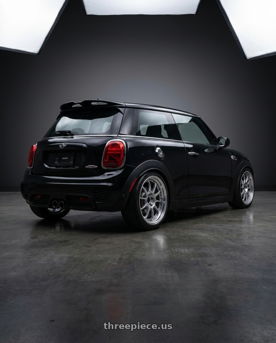 2020 Mini Cooper JCW Black with SSR Professor SP5 5x112 18X8+41 MD Disk High Bright Silver wheels rear three quarter view square tires