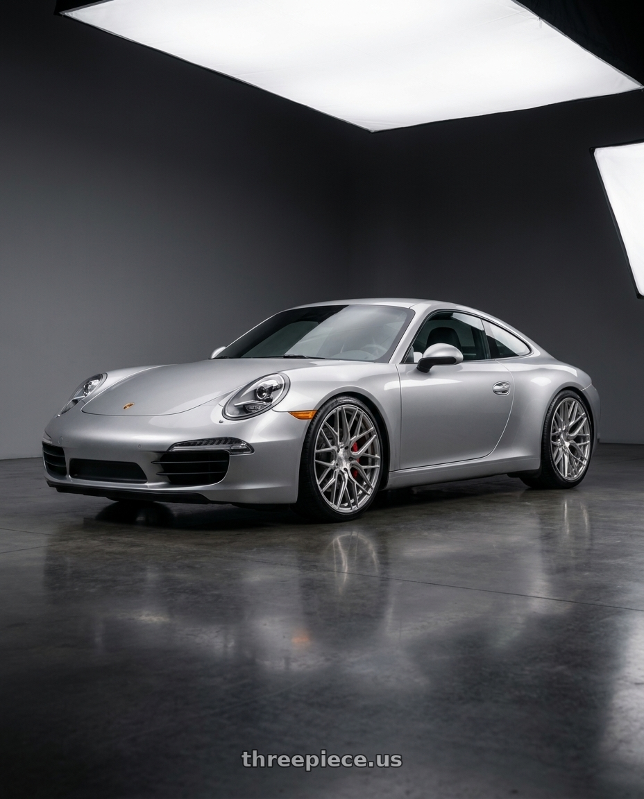 2015 Porsche 911 with Rohana RFX10 5x130 20x9+45 Brushed Titanium wheels front three quarter view lowered stance