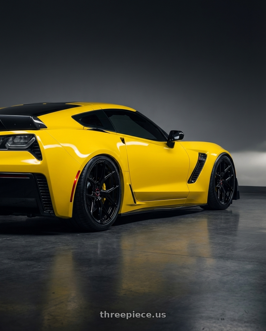 2018 Chevrolet Corvette C7 with Vossen HF-5 19x10 / 5x120.65 / ET28 / Deep / 70.3 CB - Gloss Black Wheel - HF5-9C60 wheels rear three quarter view slight stretch tires