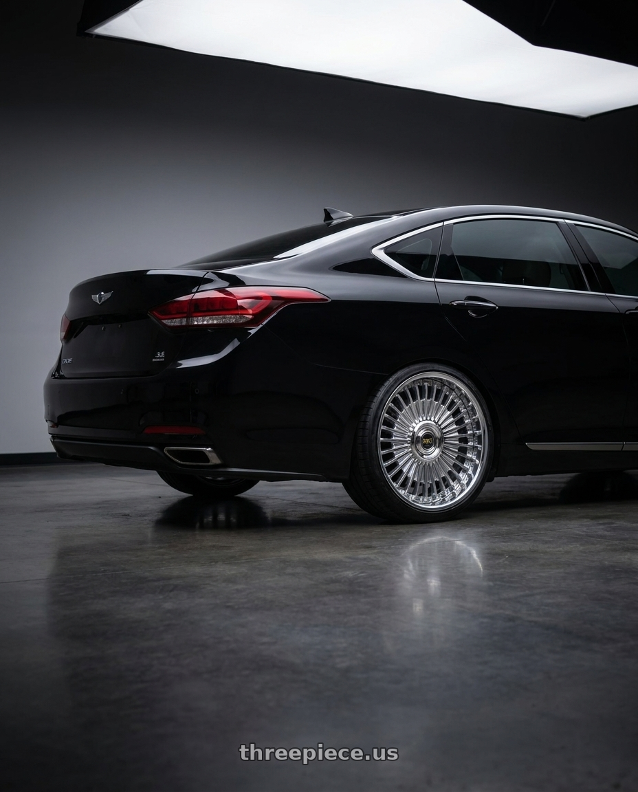 2016 hyundai genesis 3 8 with Work Emitz Chrome 5x114.3 19x8.5 +38 wheels rear three quarter view square tires