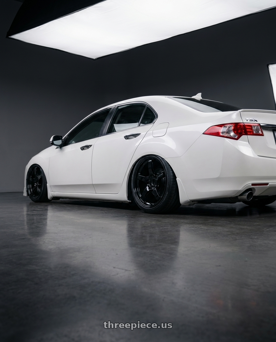 2013 Acura TSX with Gram Lights 57CR 5x114.3 19x9.5+25 Glossy Black wheels rear three quarter view slight stretch tires