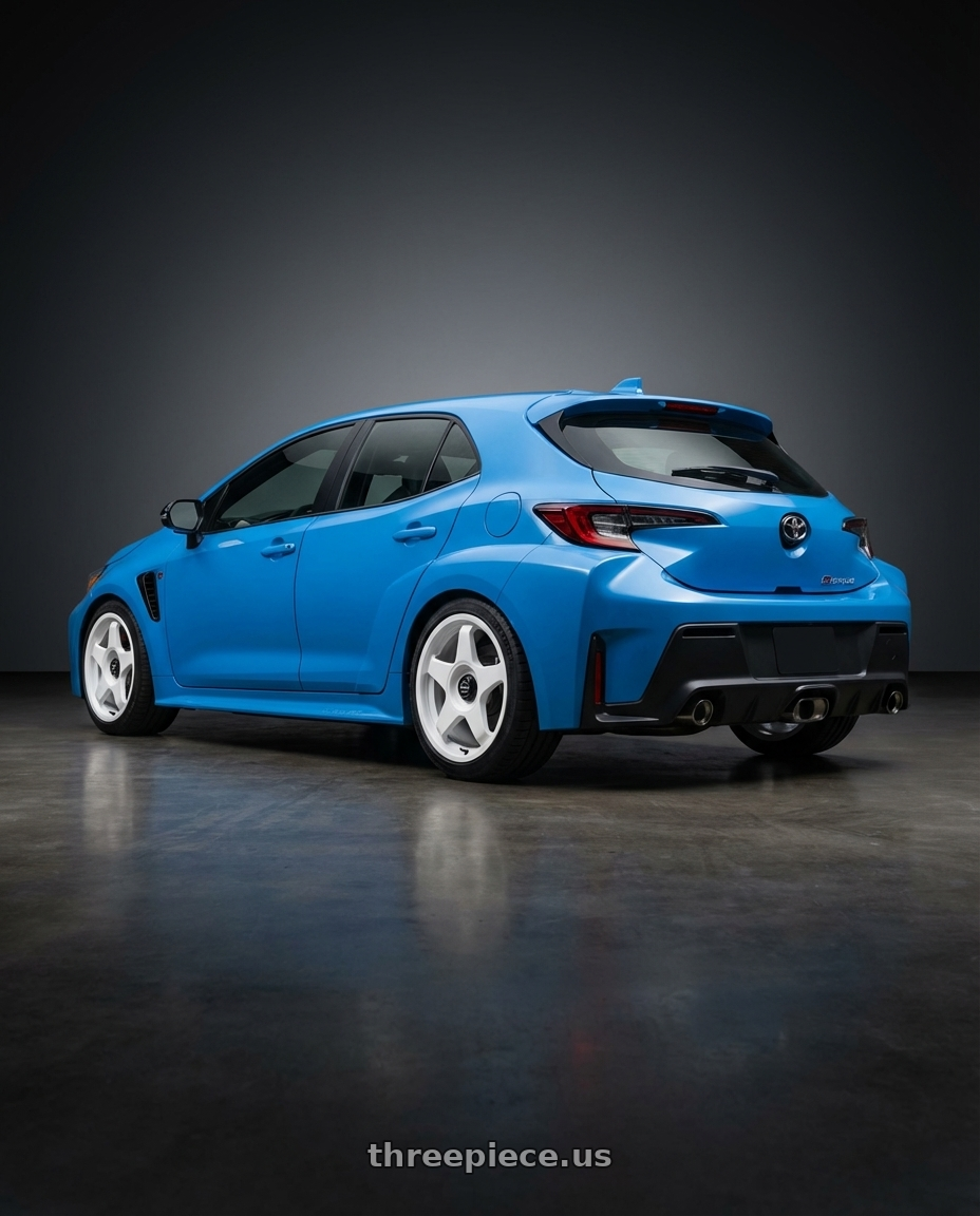 2024 Toyota GR Corolla with fifteen52 CHICANE 5x114.3 / 5x100 18x8.5 +35 RALLY WHITE (GLOSS WHITE) wheels rear three quarter view square tires