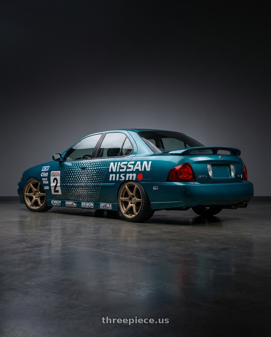 2004 Nissan Sentra SER Spec with Kansei K11B Tandem 5x114.3 18x9 35 Bronze wheels rear three quarter view slight stretch tires