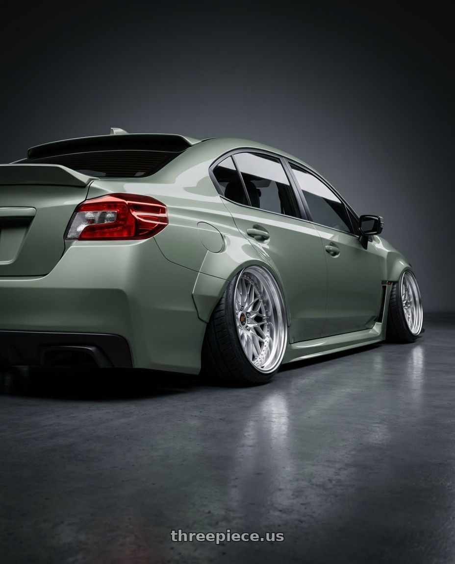 2021 Subaru sti millennium jade with Work Vs-Xv 5x114.3 18x8.5+40 O Disk Silky Rich Silver wheels rear three quarter view extreme stretch tires