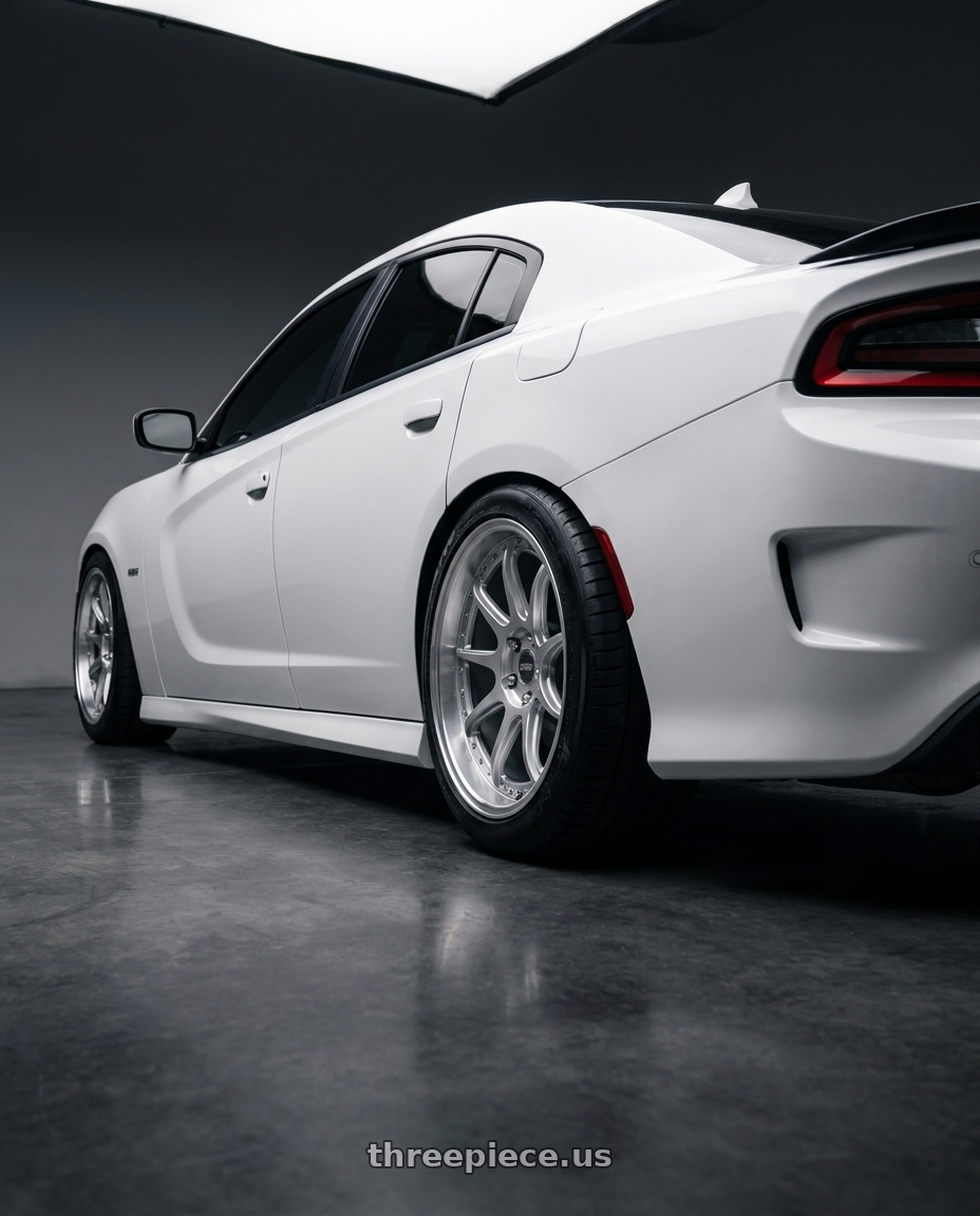 2021 dodge charger with ESR Wheels CS12 5x115 18x8.5 +35 Hyper Silver wheels rear three quarter view meaty tires