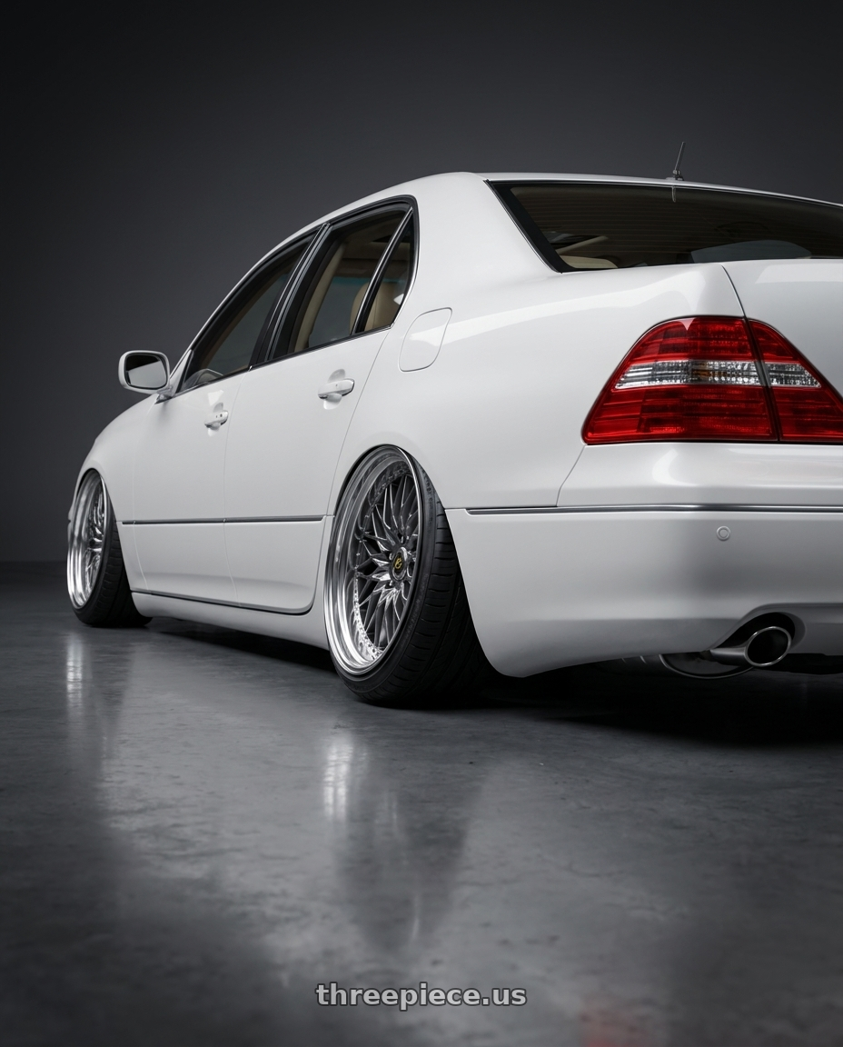 2004 lexus ls430 with Work Vs-Xv 5x100 18x9+40 A Disk Brilliant Silver Black wheels rear three quarter view extreme stretch tires