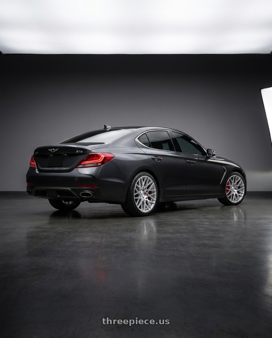 2019 genesis g70 with Rotiform 1PC R110 BLQ 5X114.3 19X8.5 +38 GLOSS SILVER MACHINED wheels rear three quarter view square tires