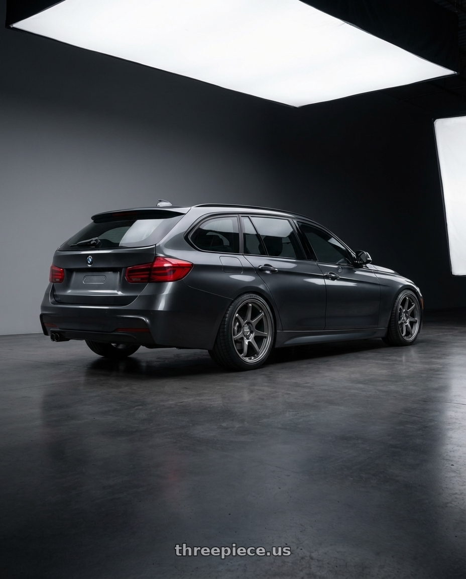 2016 BMW 3 Series F30 with Kansei K11G Tandem 5X120 19x10.5 22 Gunmetal wheels rear three quarter view square tires