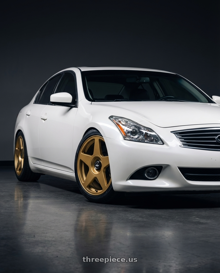 2014 Infiniti G37 Coupe with fifteen52 TARMAC EVO 5x114.3 / 5x120 19x8.5 +35 GOLD (GLOSS GOLD) wheels front three quarter view lowered stance
