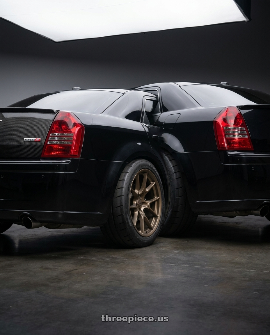 2007 Chrysler 300 srt8 black and carbon grill  with OE Wheels DG21 5x115 20x11-2.5 Bronze wheels rear three quarter view meaty tires