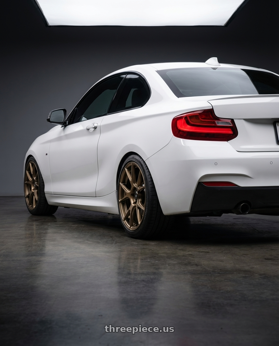 2018 BMW 2 Series F22 with Konig Ampliform 5x120 18x8.5+32 Gloss Bronze wheels rear three quarter view square tires