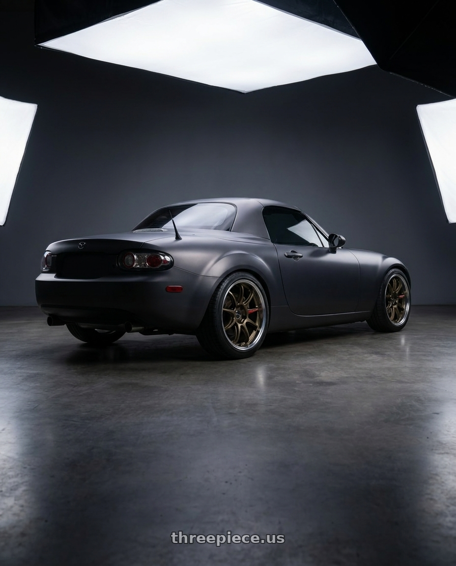 2007 Mazda Miata MX-5 with Work Zr10 2P 5x114.3 19x8.0 +45 Matte Bronze wheels rear three quarter view square tires