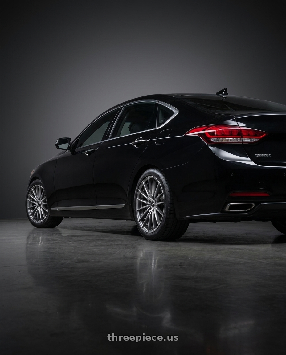 2016 hyundai genesis 3 8 with Platinum 465G Reprisal 5x114.3 19x8.5 +40 Bright Graphite wheels rear three quarter view square tires
