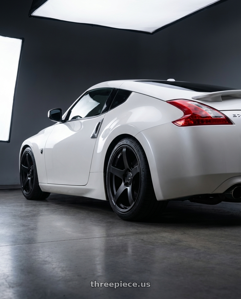 2019 Nissan 370Z with Ssr Gtv01 5x114.3 19x8.5+38  FLAT BLACK wheels rear three quarter view square tires