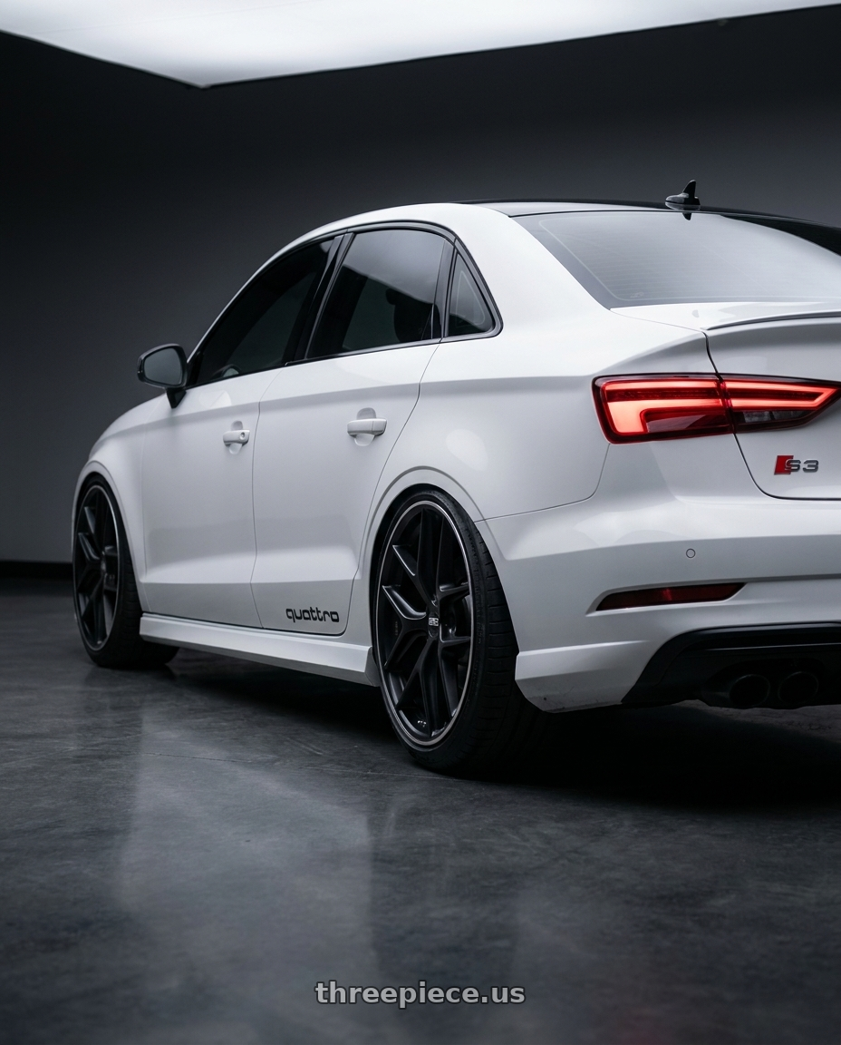 2015 Audi S3 with BBS CC-R 5x112 20x10.5+34 Satin Black wheels rear three quarter view extreme stretch tires