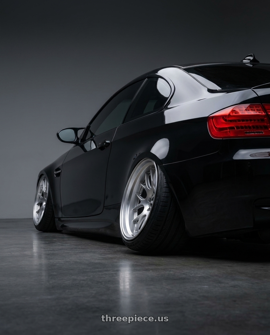 2011 BMW E92 M3 黑色 with BBS CH-R 5x120 20x10.5 +24 Brilliant Silver Polished Rim Protector wheels rear three quarter view extreme stretch tires