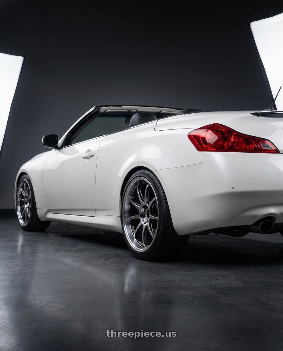 2009 G37 convertible with Work Emotion D9r 5x100 19x8.5 +38 Gt Silver Rim Cut wheels rear three quarter view square tires