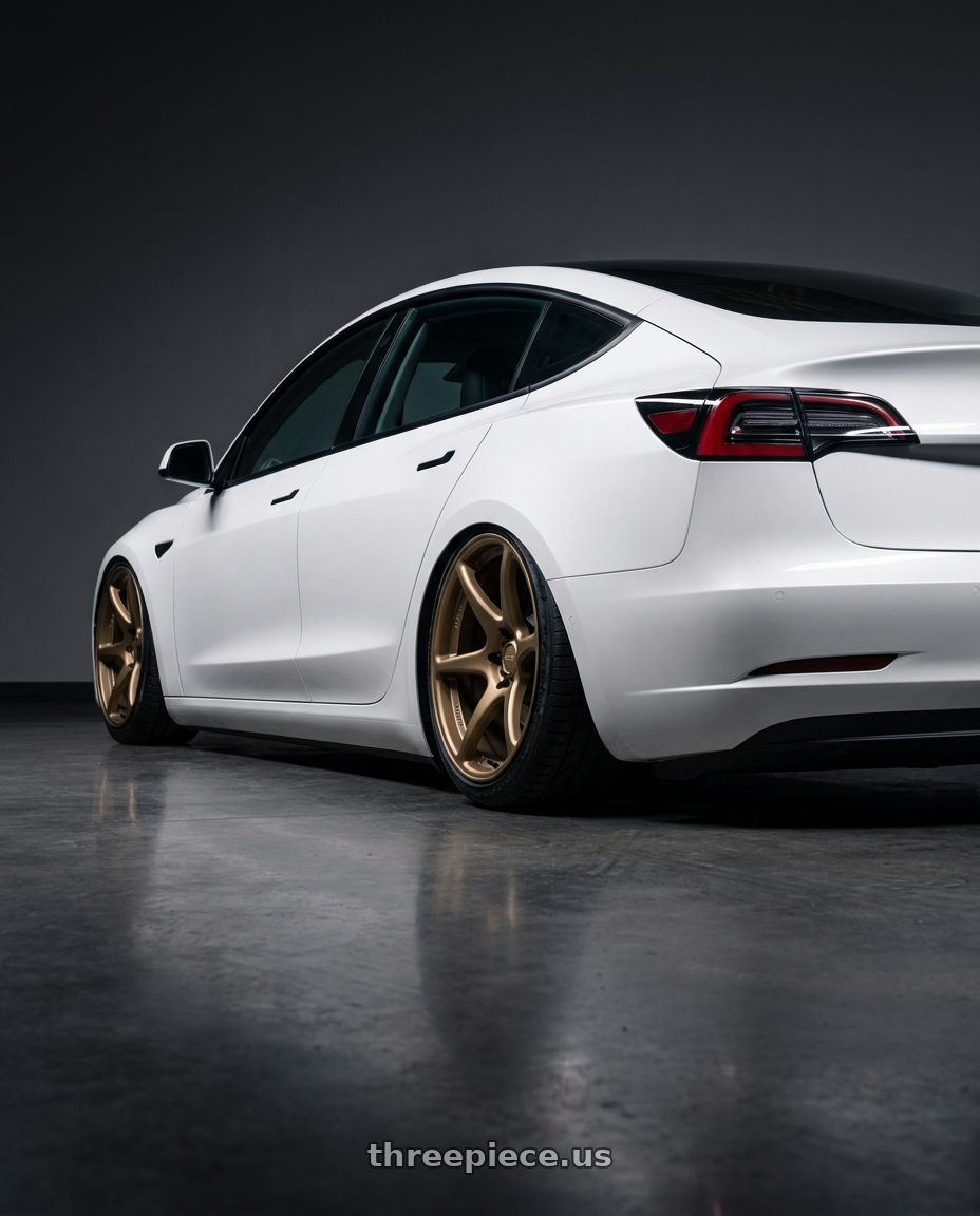 2023 Tesla Model 3 with Kansei K11B Tandem 5x114.3 19x10.5 12 Bronze wheels rear three quarter view slight stretch tires