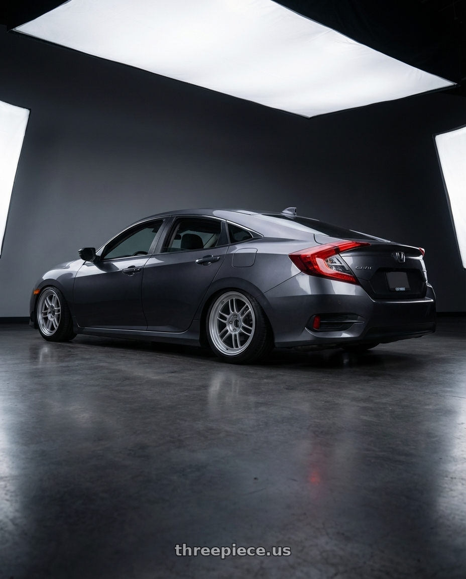 2016 Honda Civic with Enkei RPF1 5x114.3 18x9+35 Silver wheels rear three quarter view square tires