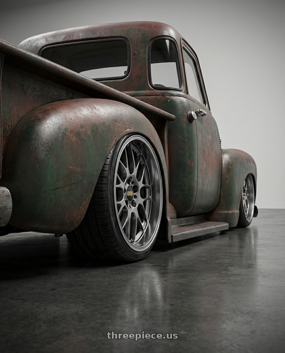 1948 Chevy 3100 with BBS RG-R 5x114.3 19x9 +38 Diamond Black / Diamond Cut wheels rear three quarter view extreme stretch tires