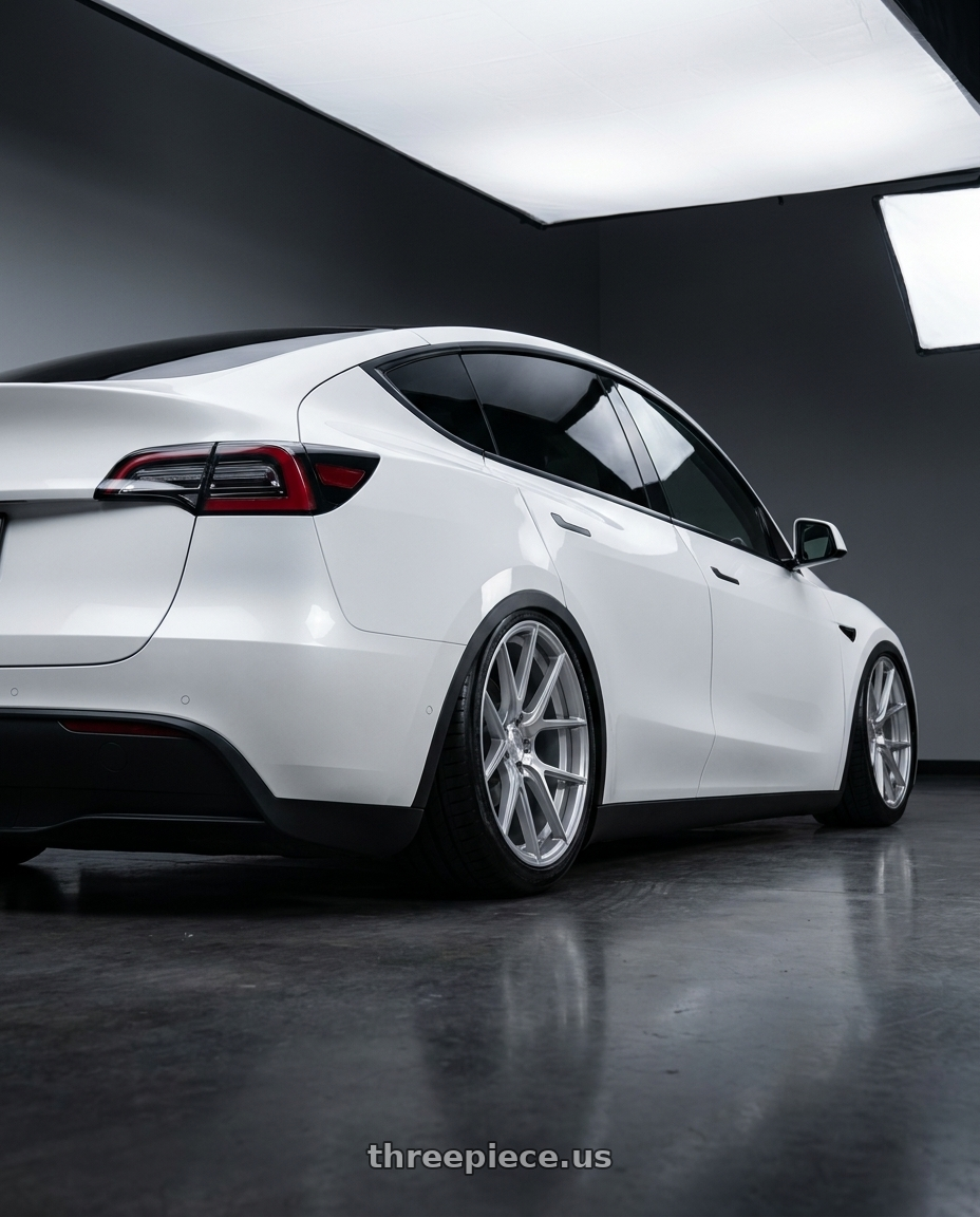 2024 Tesla Model Y with Aodhan AFF3 5x114.3 20x9+32 Gloss Silver Machined Face wheels rear three quarter view slight stretch tires