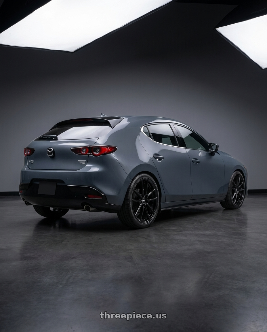2023 Mazda Mazda3 Turbo with Niche 1PC M223 DFS 5X114.3 18X8 +30 GLOSS BLACK wheels rear three quarter view square tires