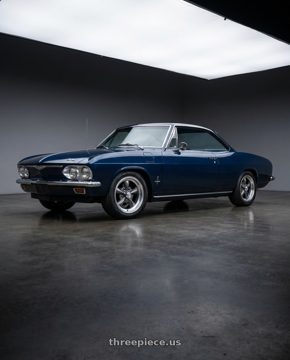 1965 Chevrolet Corvair with Vision American-Muscle 141H 5x120.65 15x7+6 Gunmetal Machined Lip wheels