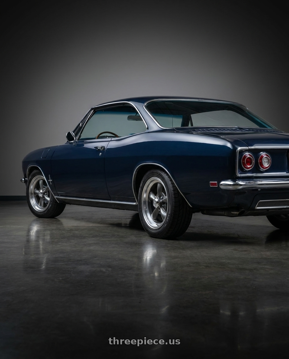 1965 Chevrolet Corvair with Vision American-Muscle 141H 5x120.65 15x7+6 Gunmetal Machined Lip wheels rear three quarter view square tires