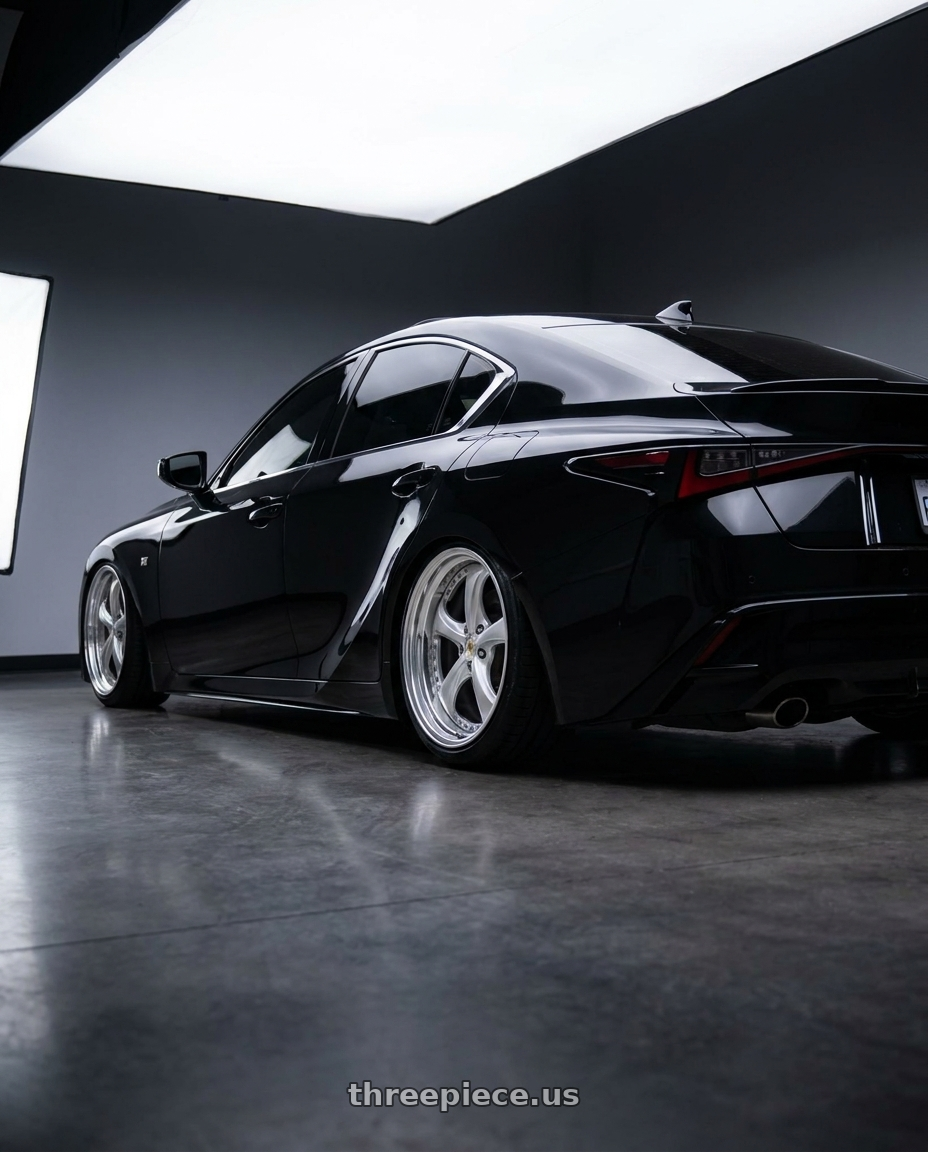 2023 Lexus IS 350 F with Work Wheels VS-KF 5x114.3 20x8.5+40 Light Grey Silver O Disk STEP RIM wheels rear three quarter view slight stretch tires