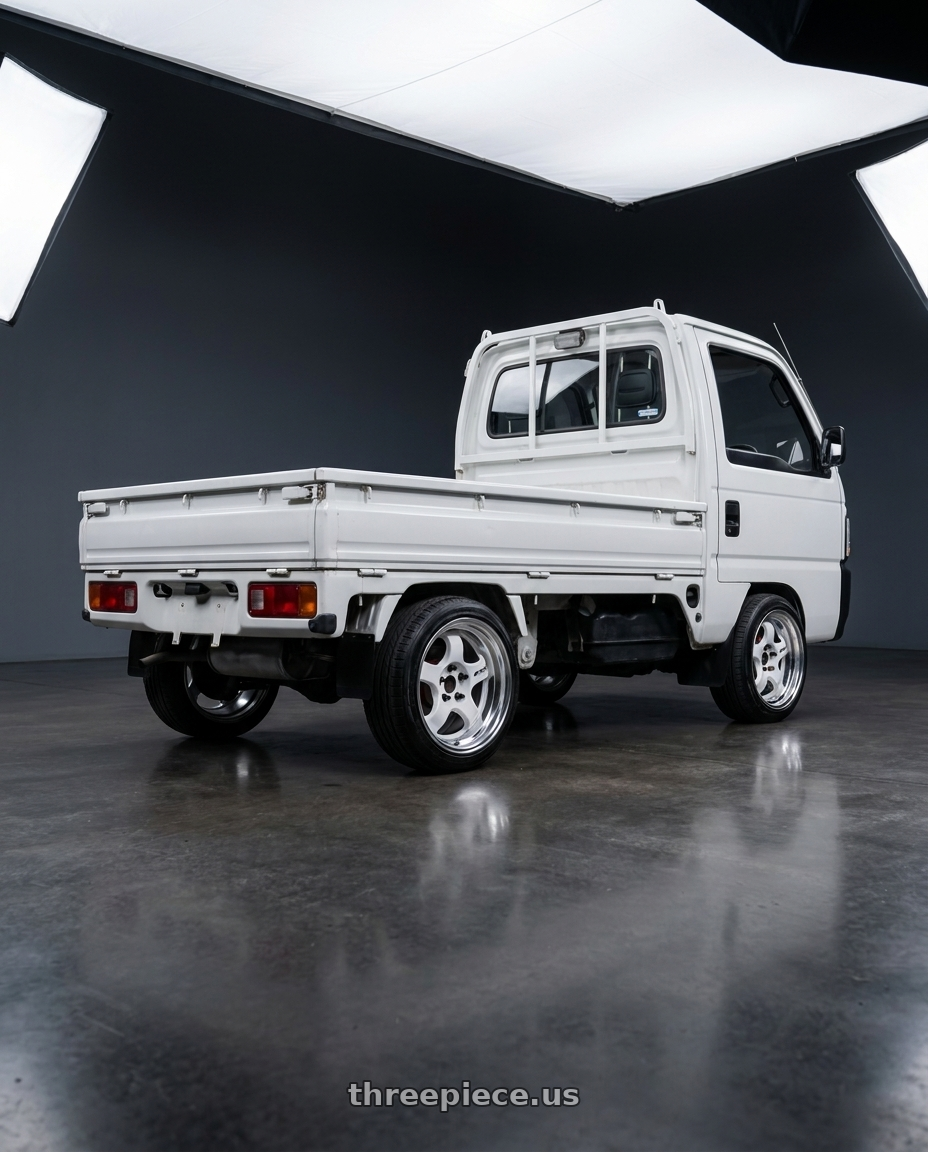 1995 Honda Acty with Work Meister S1 2P 4x100 15x8+0 A Disk White wheels rear three quarter view slight stretch tires