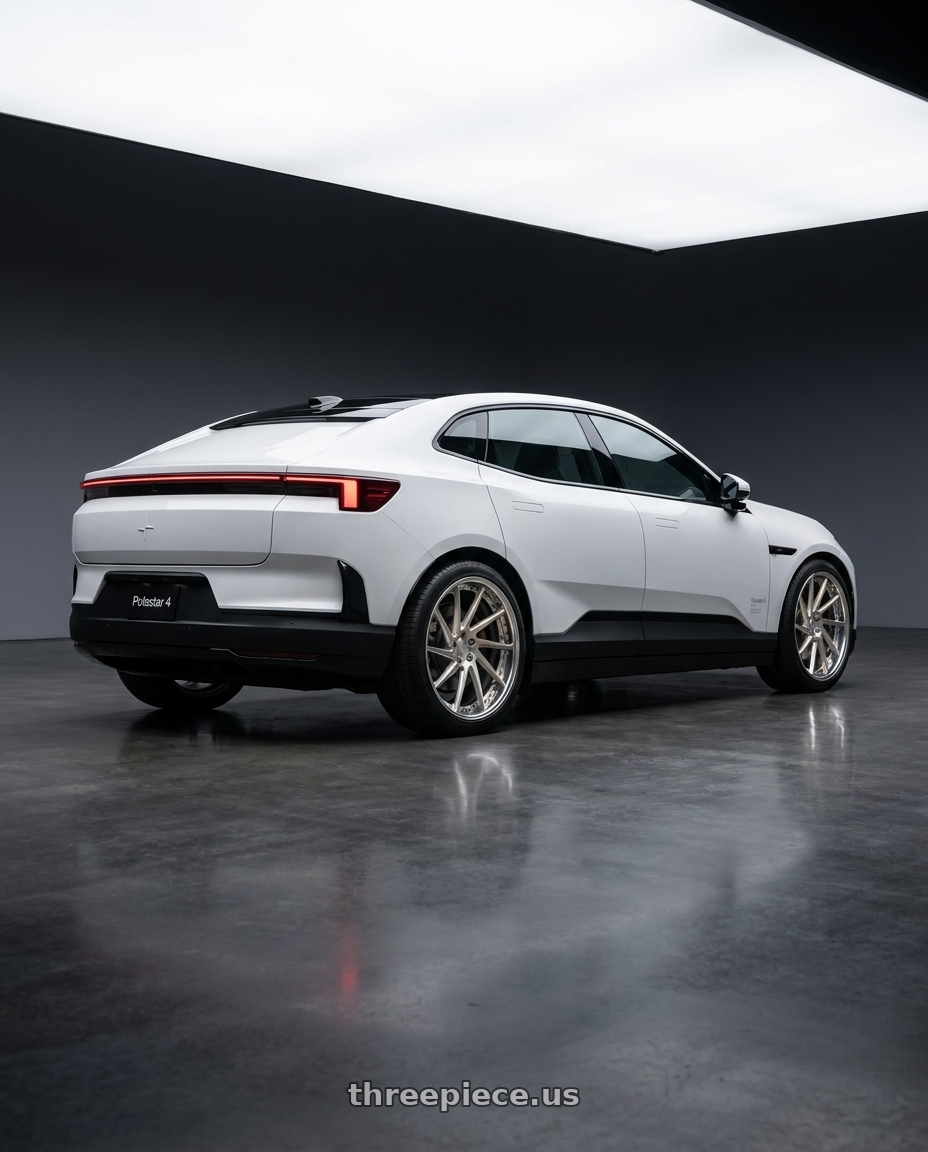 2026 Polestar 4 with Work Gnosis Cvs 5x108 21x9.5+45 A Disk Buff Finish wheels rear three quarter view square tires