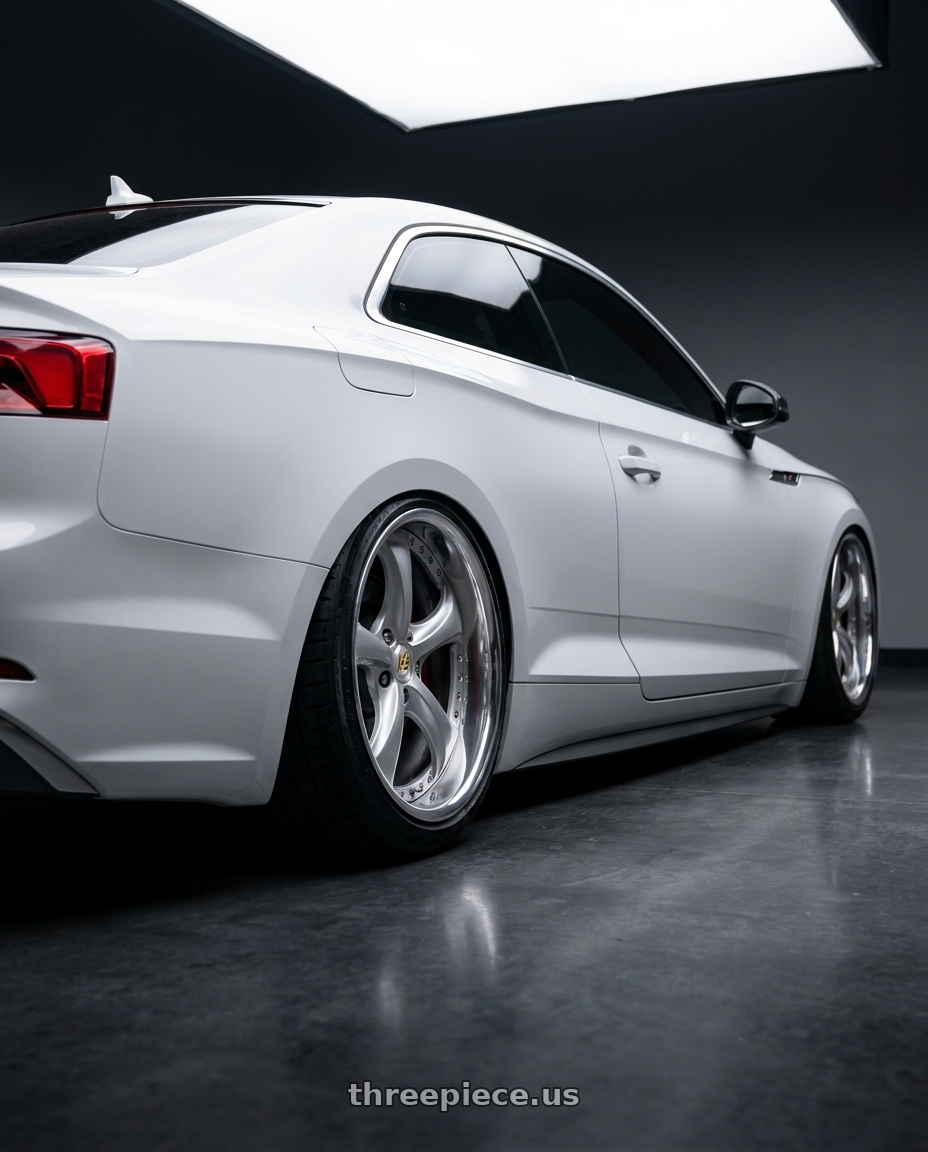 2018 audi s5 white with Work Wheels VS-KF 5x112 18x9+20 Light Grey Silver R Disk FULL REVERSE wheels rear three quarter view slight stretch tires