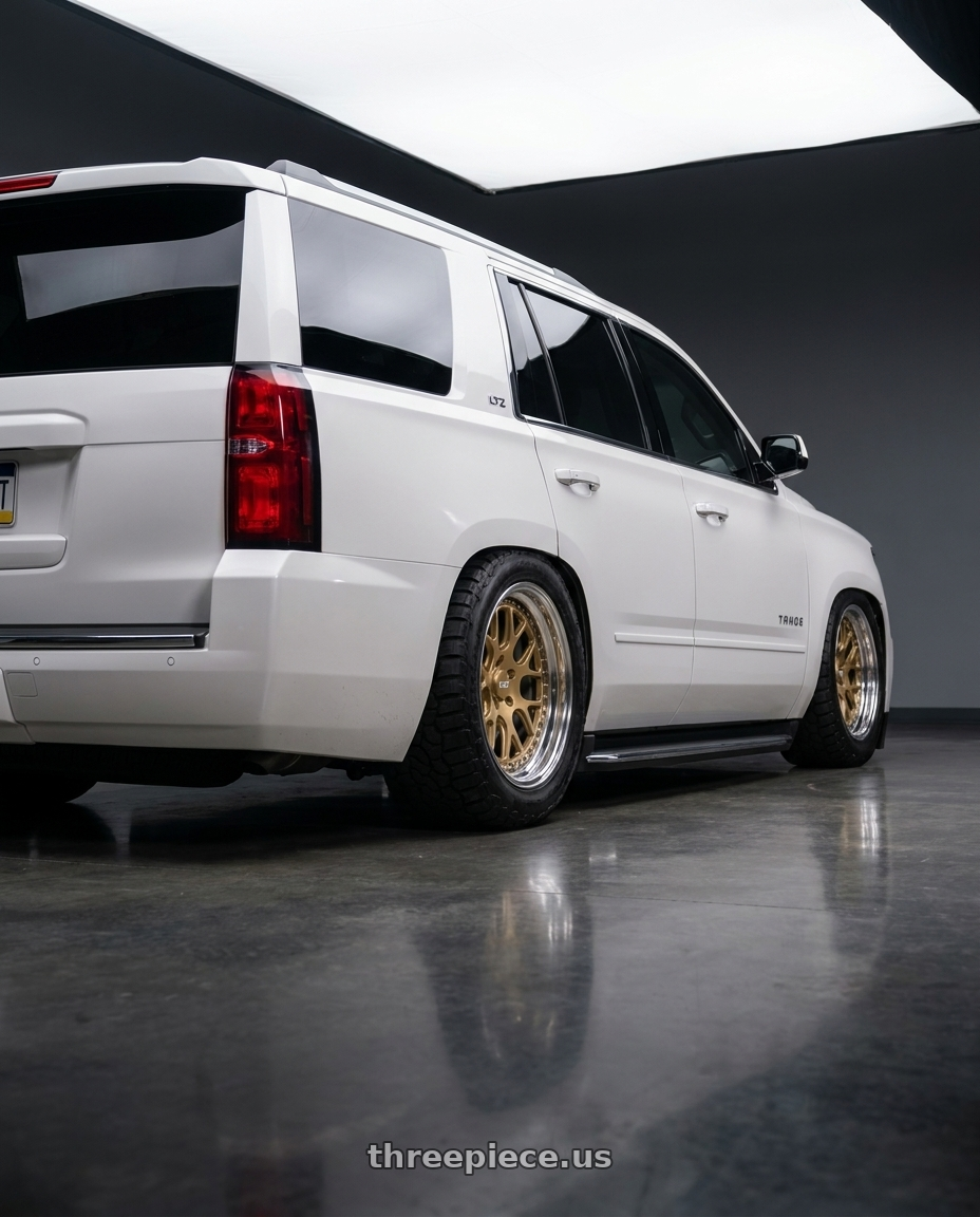 2016 Chevy Tahoe with CCW CZ14 6x139.7 22x9.5 +22 Polished wheels rear three quarter view meaty tires