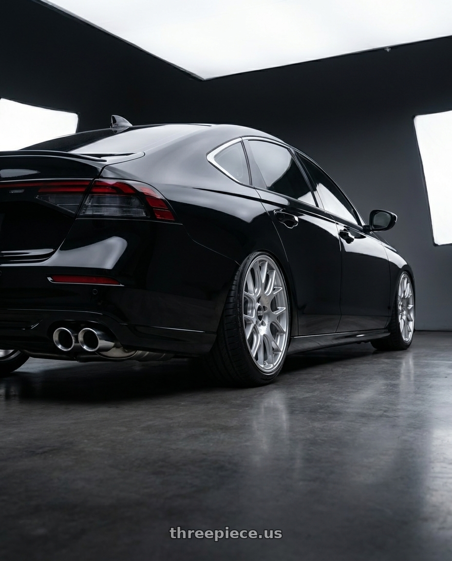 2024 HONDA CY2 ACCORD , BLACK , DUAL-SIDED SINGLE-OUTLET ALUMINUM ALLOY EXHAUST PIPE, The side strips and bottom plastic panels were replaced with body-colored paint. THE ENTIRE CAR APPEARED IN THE PICTURE.  with BBS CH-R 5x114.3 20x8.5 +38 Brilliant Silver Polished Rim Protector wheels rear three quarter view slight stretch tires