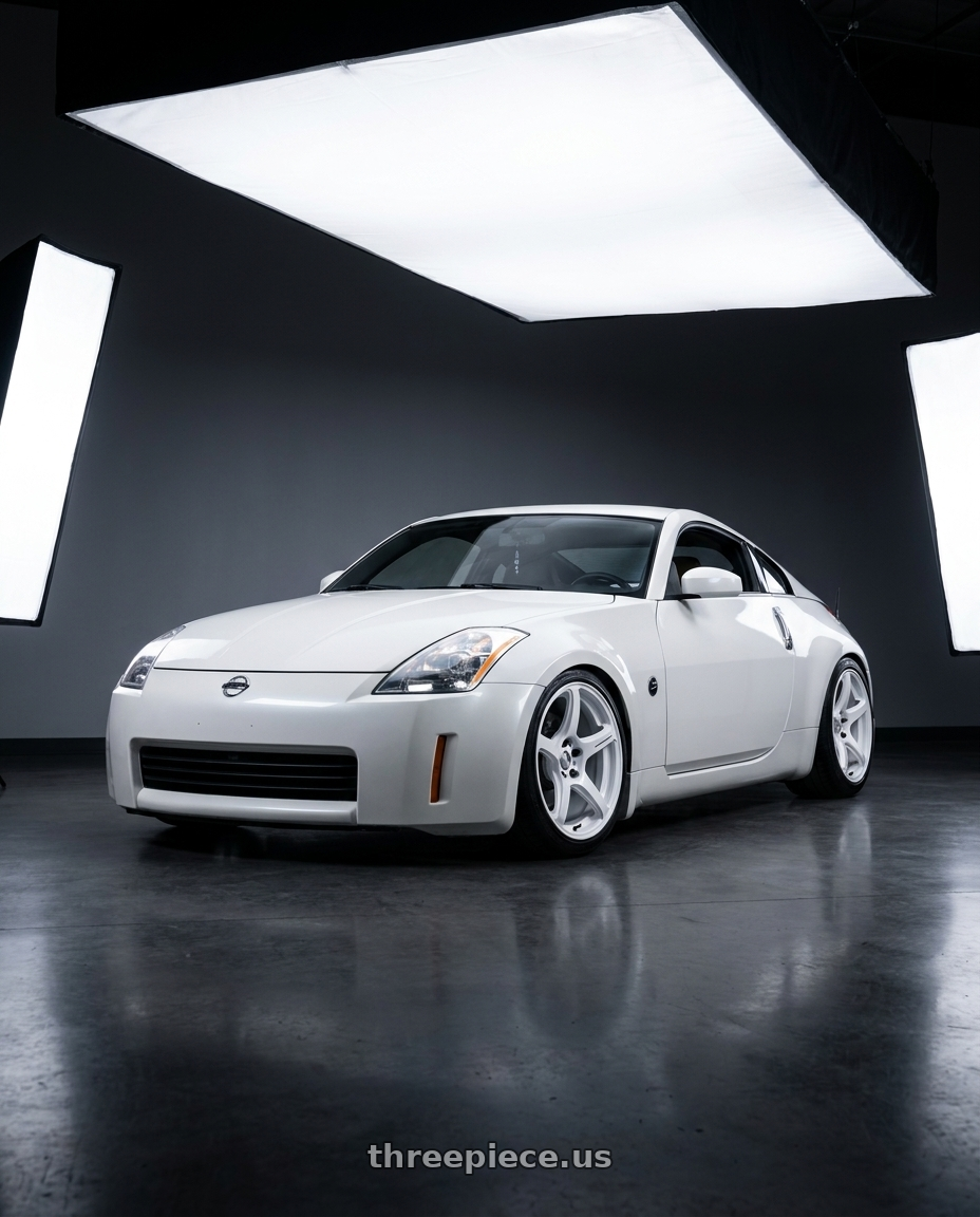 2004 nissan 350z touring with Work Emotion T5r 5x114.3 18x8.5 +35 Ice White wheels