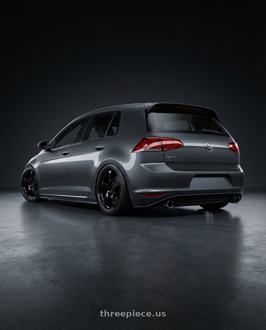 2019 Volkswagen GTI MK7 with Gram Lights 57CR 5x112 19x10.5+35 Glossy Black wheels rear three quarter view slight stretch tires