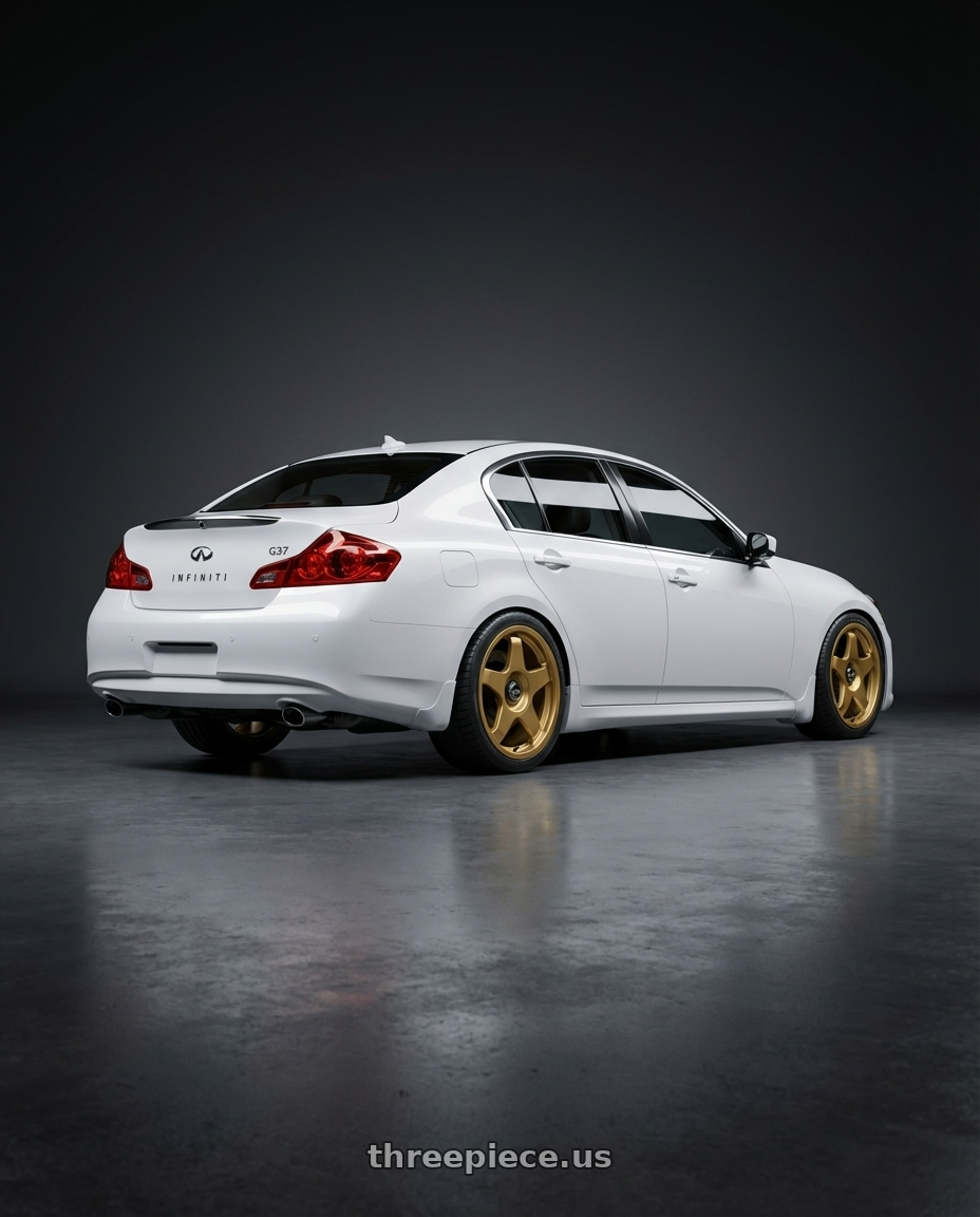 2012 Infiniti G37 with fifteen52 CHICANE 5x114.3 / 5x120 19x8.5 +35 GOLD (GLOSS GOLD) wheels rear three quarter view square tires