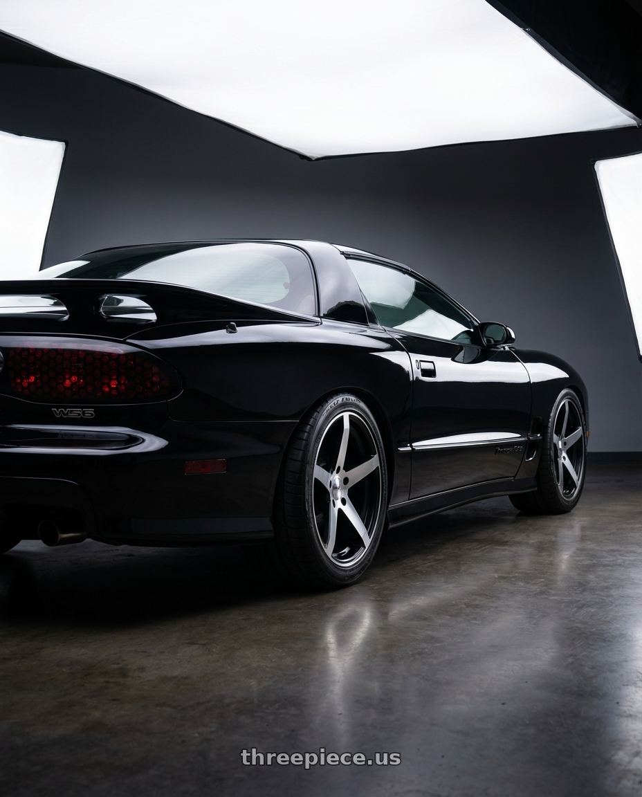 2007 Pontiac Trans Am WS6 with Focal 455U F-55 5x114.3 18x8 +40 Satin Black w/Diamond Cut Face wheels rear three quarter view slight stretch tires