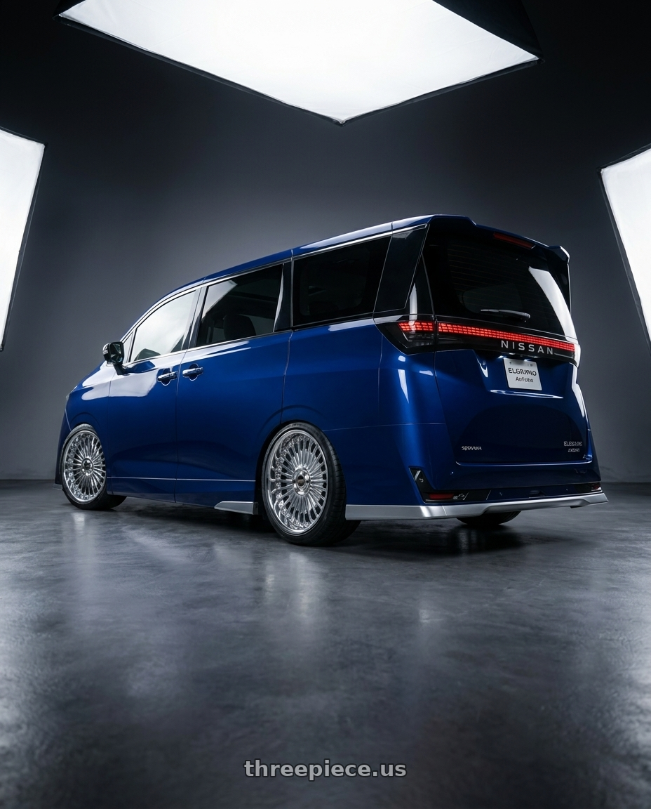 2026 nissan elgrand with Work Emitz Chrome 5x100 19x10.0 +38 wheels rear three quarter view slight stretch tires