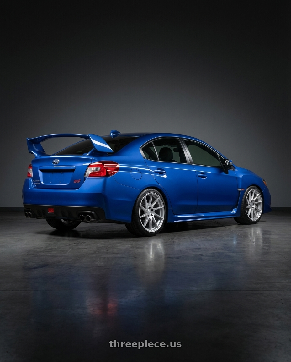 2018 Subaru WRX STI with Aodhan AH09 5x114.3 18x9.5 +35 Gloss Silver Machined Face wheels rear three quarter view square tires