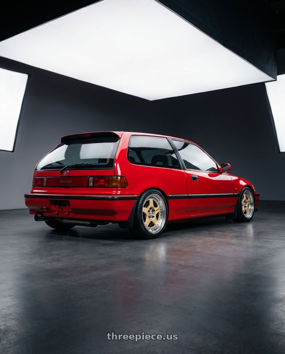 1989 Honda Civic Hatch with Work Meister Cr01 4x100 15x7+35 A Disk Bright Buff Finish wheels rear three quarter view square tires