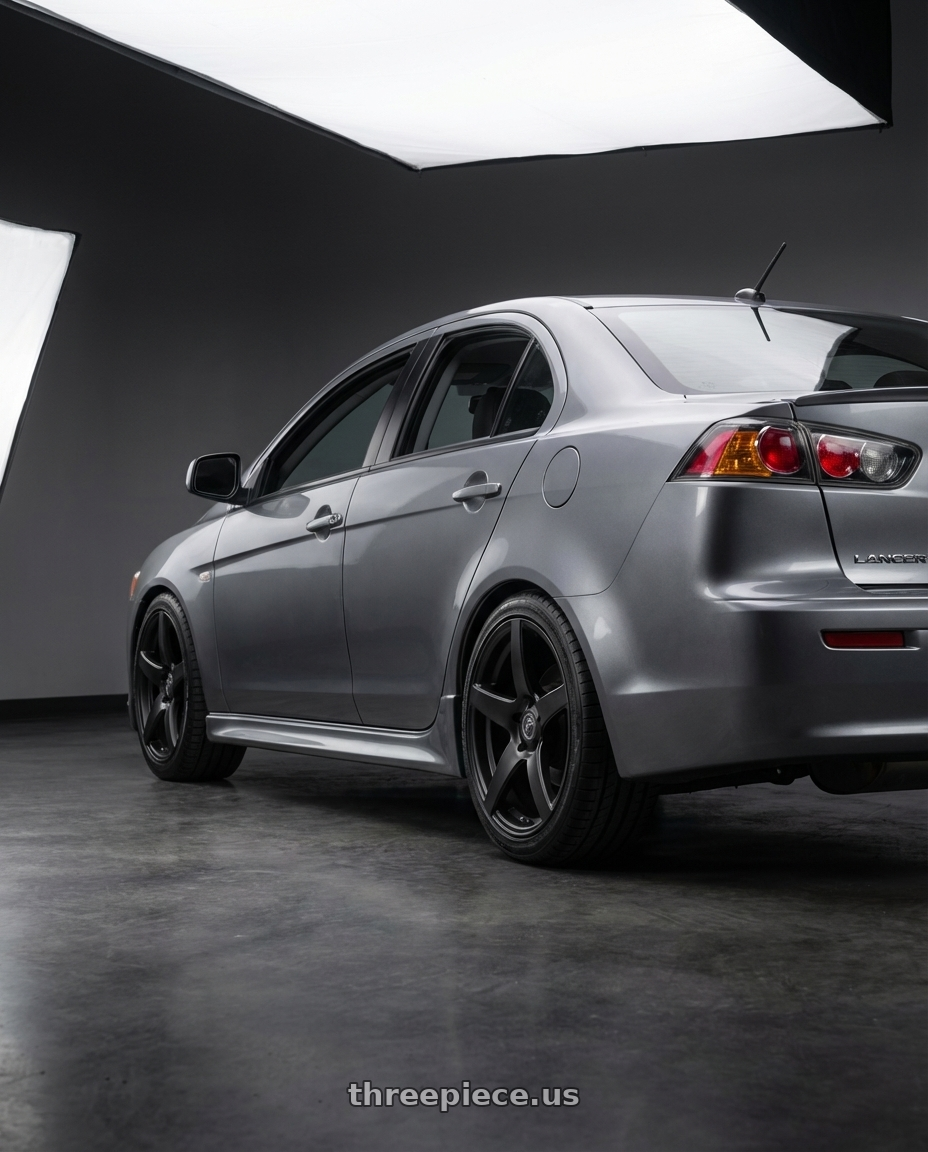 2014 Mitsubishi Lancer Ralliart with Forgestar CF5 5x114.3 18x10 +42 Satin Black wheels rear three quarter view square tires