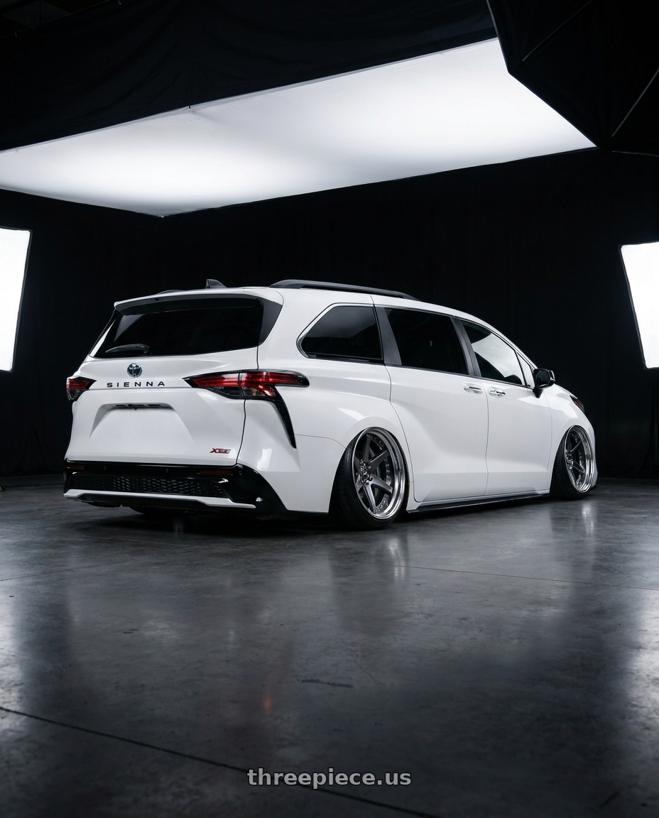 2025 TOYOTA SIENNA XSE with Work Zeast Black Label Bst1 5x100 19x8.5+22 A Disk Brilliant Silver Black wheels rear three quarter view extreme stretch tires