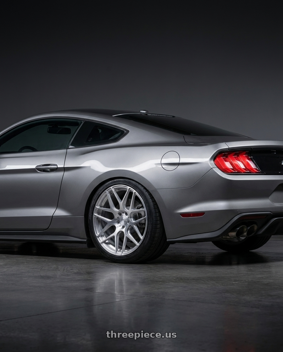 2021 Ford Mustang GT with MRR FS1 5x114.3 18x10.5  +35 Brushed Clear wheels rear three quarter view square tires